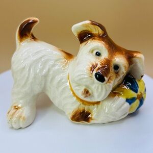 Vintage Terrier Dog Playing With Blue And Yellow Ball Figurine, Occupied Japan
